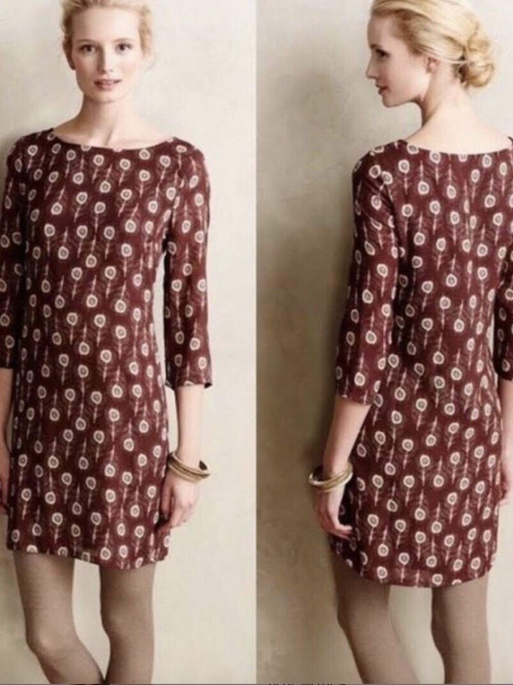Anthropologie Porridge Brown Peacock Feather Print Shift Dress Small Fall Boho
